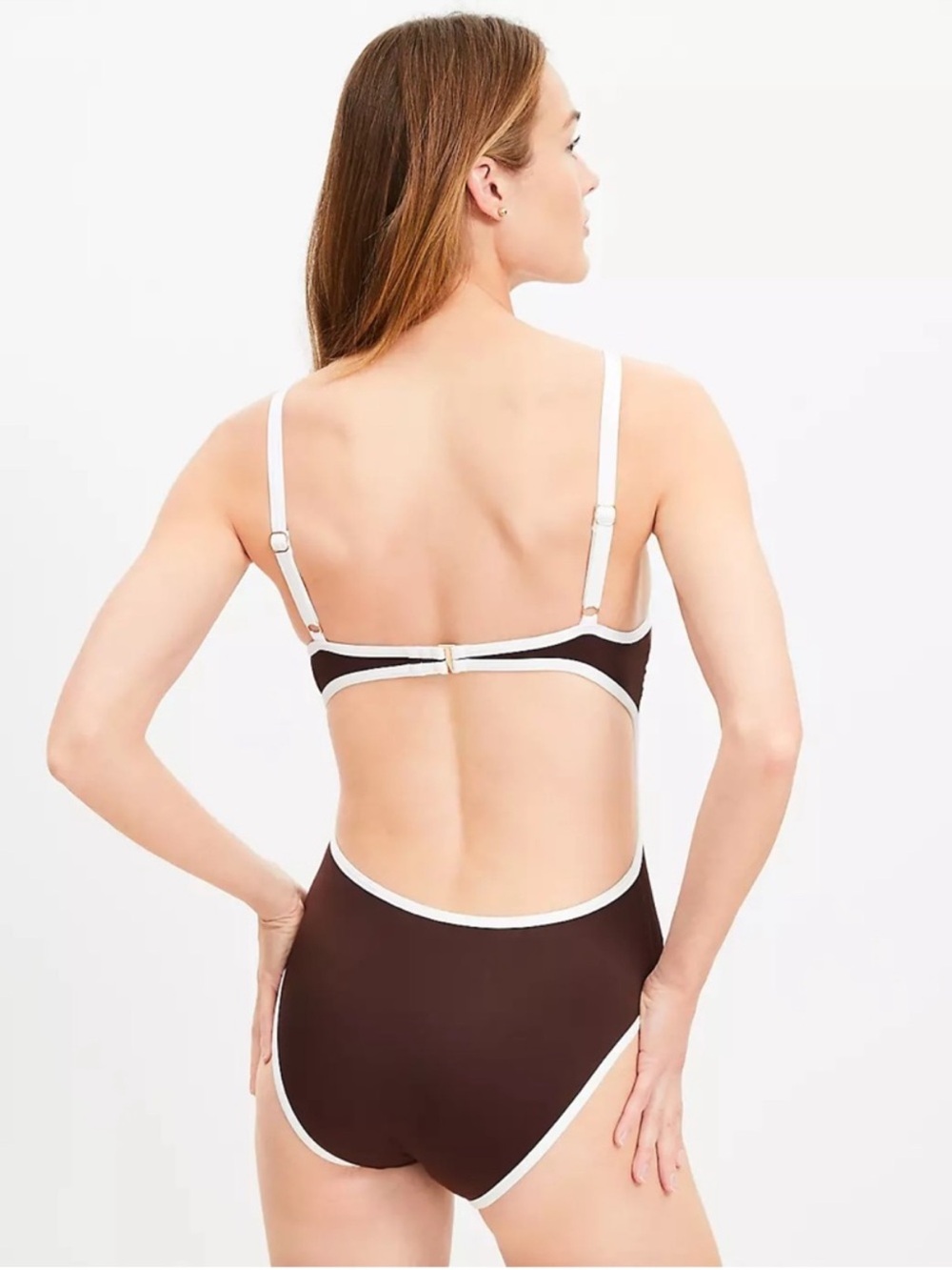 LOFT Brown One-Piece Swimsuit with White Trim